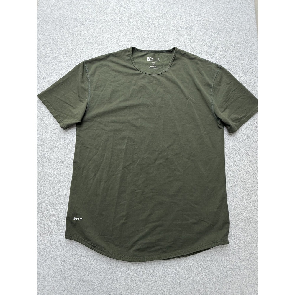 BYLT Shirt Mens XL Olive Drop-Cut Lux Curved Hem Soft Stretch Crewneck Tee